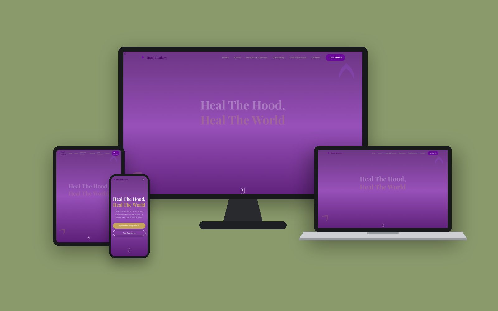 Hood Healers Organics website on desktop, laptop, tablet and phone