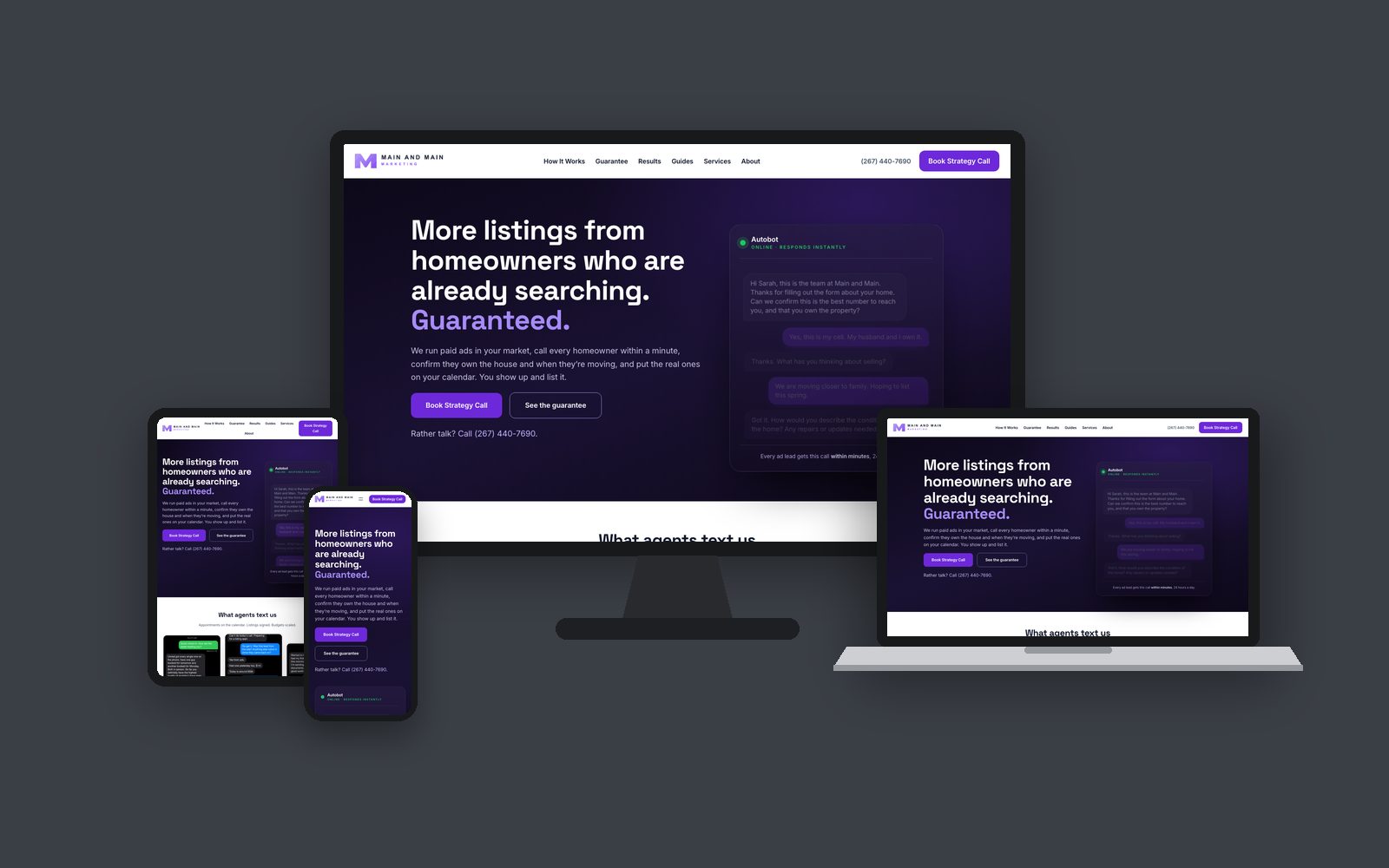 Main and Main Marketing website on desktop, laptop, tablet and phone