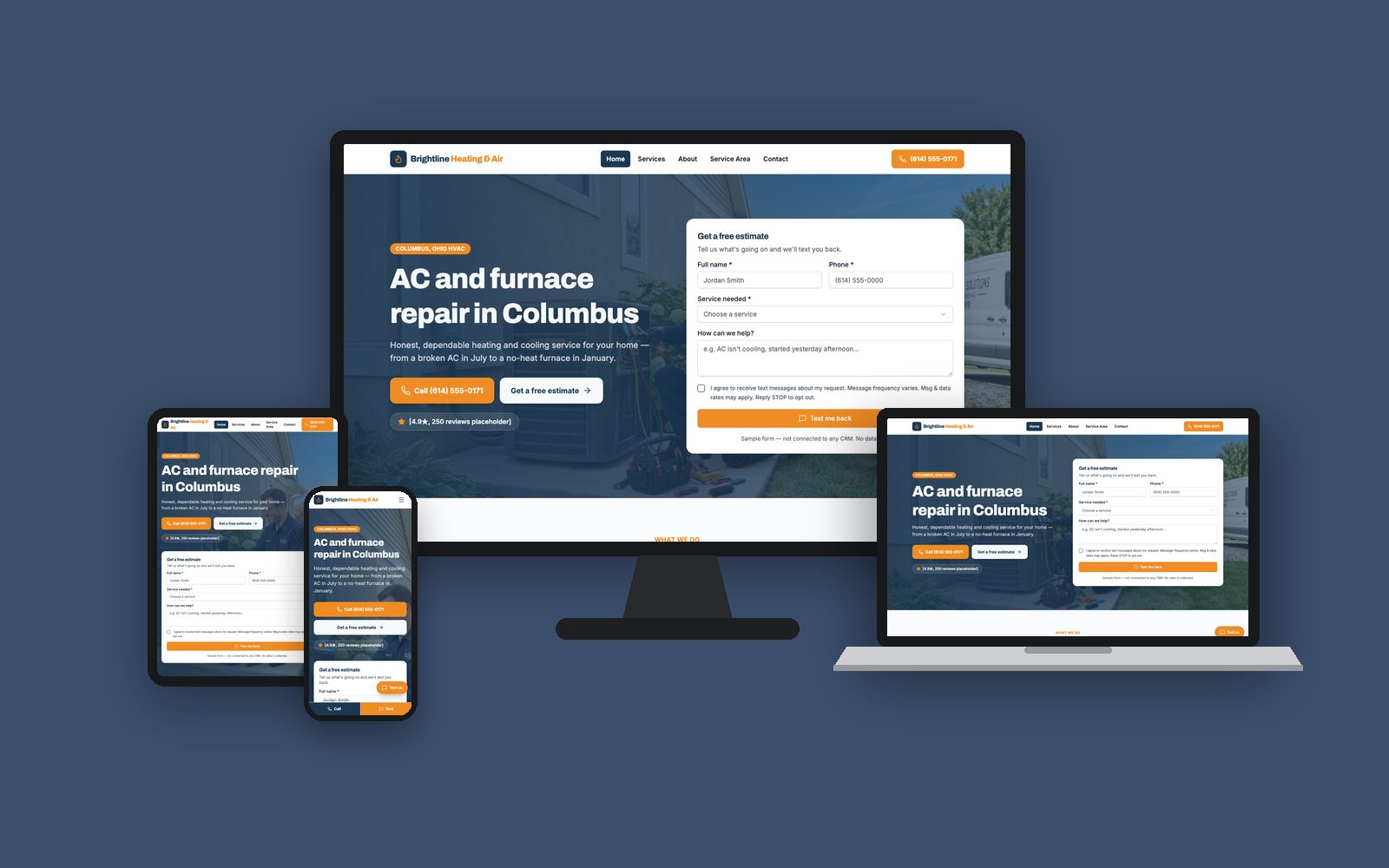 Sample website design for Brightline Heating & Air, a fictional hvac company, on desktop, laptop, tablet and phone
