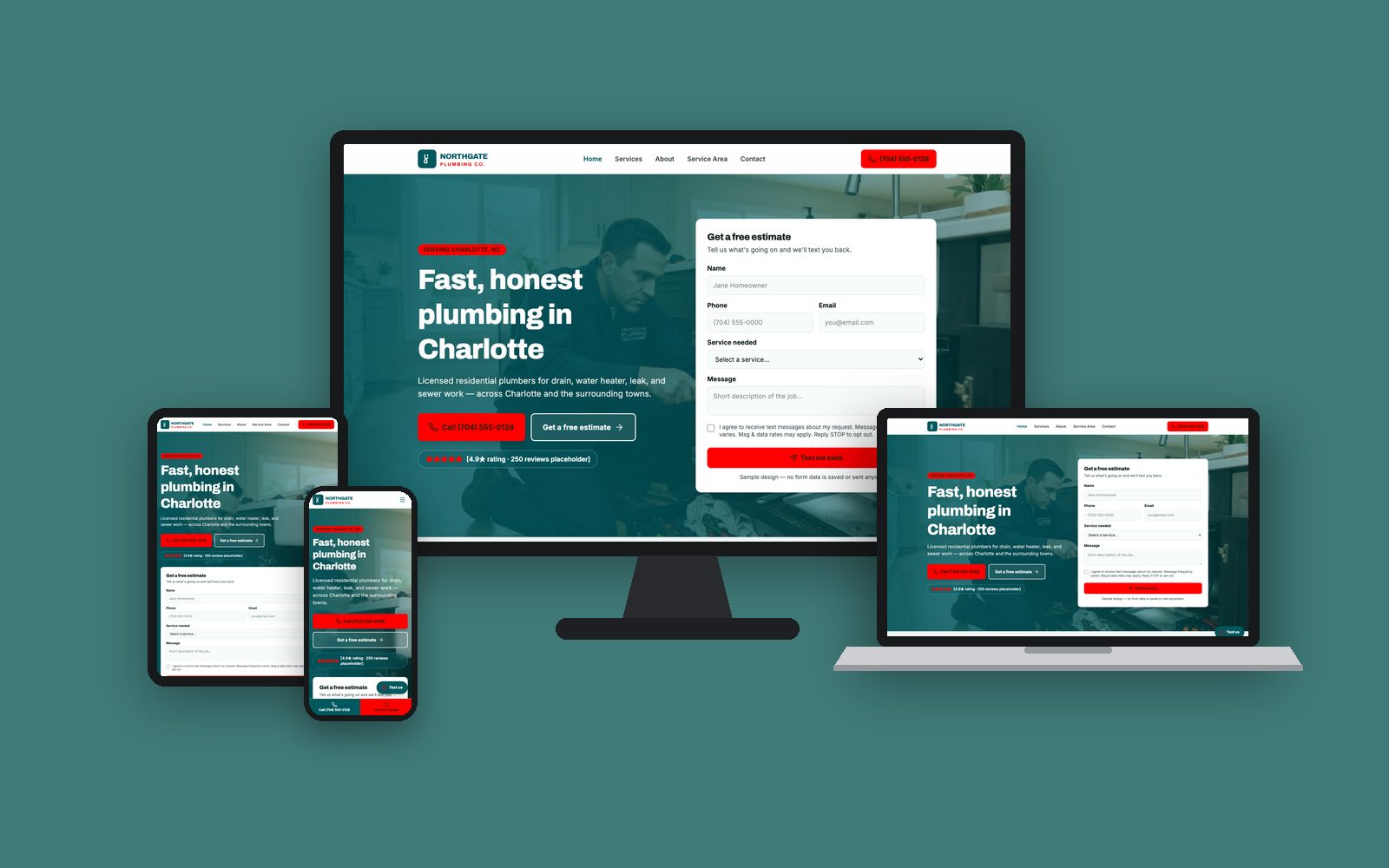 Sample website design for Northgate Plumbing Co., a fictional plumbing company, on desktop, laptop, tablet and phone