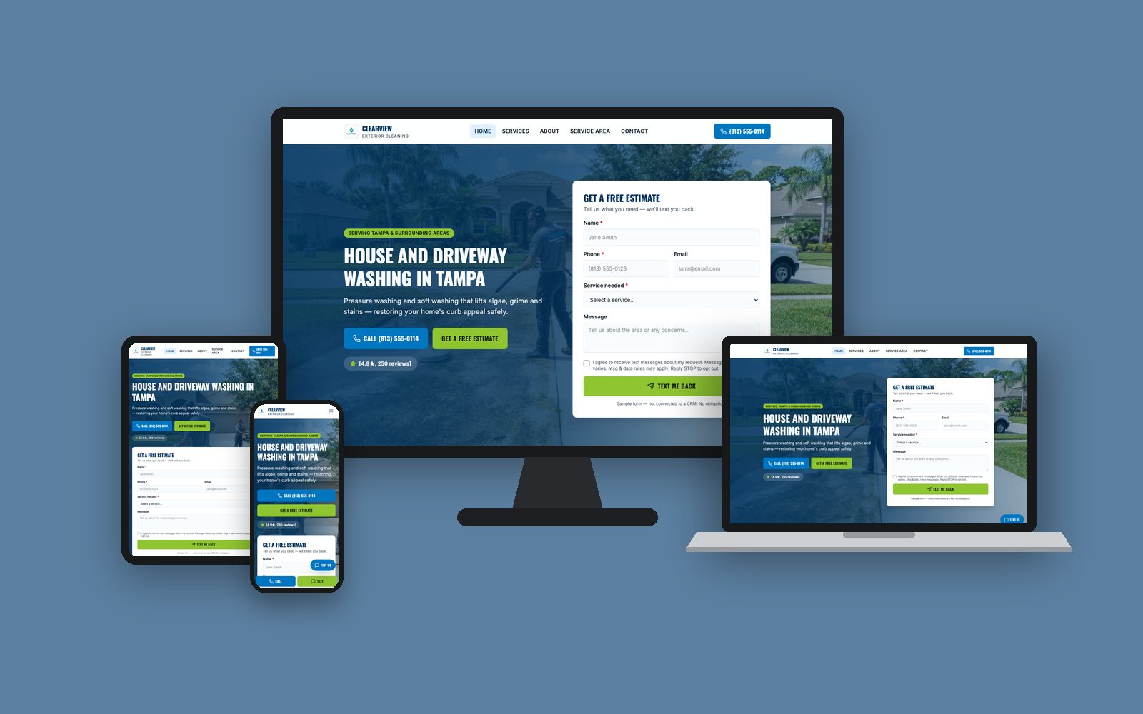 Sample website design for Clearview Exterior Cleaning, a fictional pressure washing company, on desktop, laptop, tablet and phone