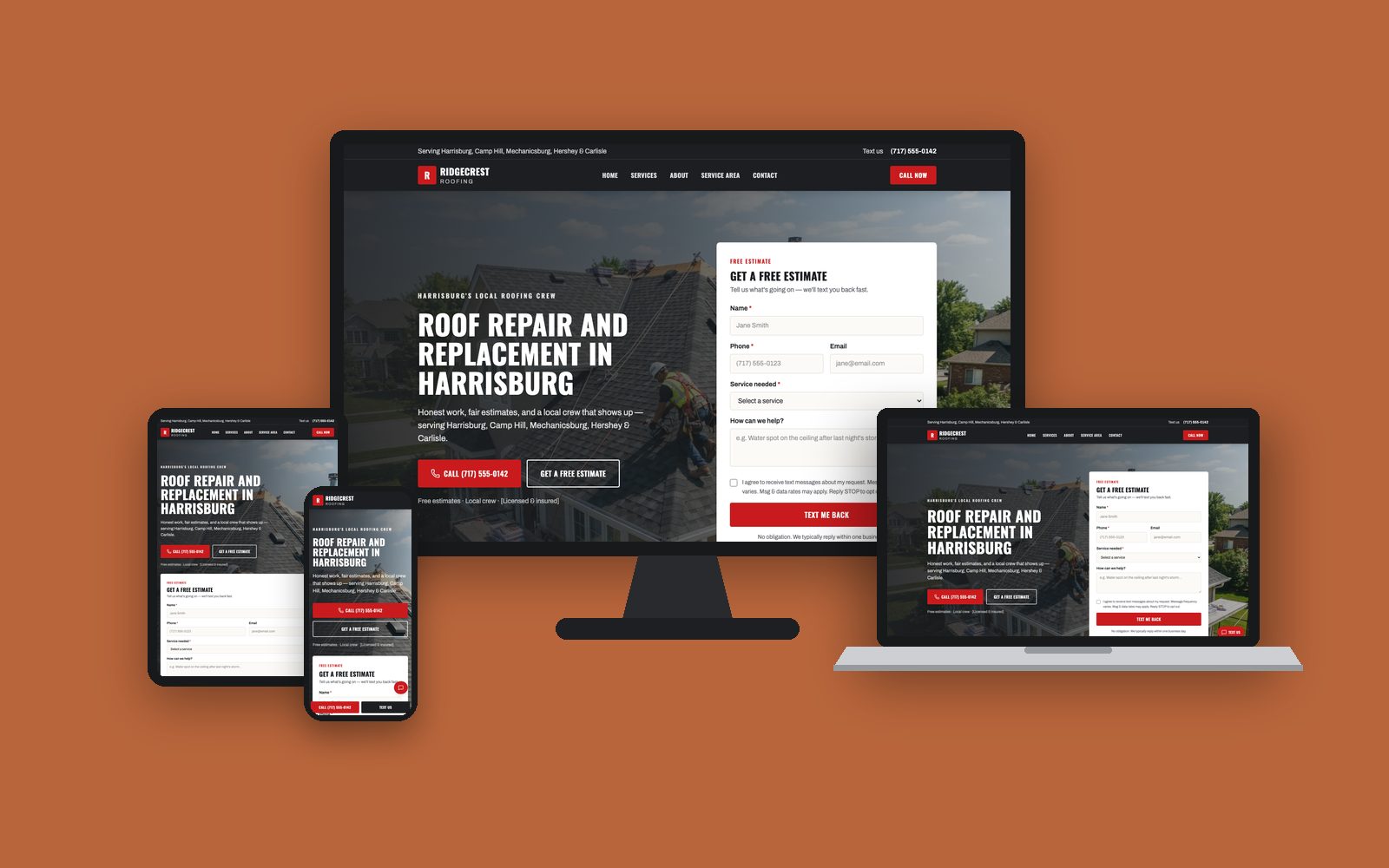 Sample website design for Ridgecrest Roofing, a fictional roofing company, on desktop, laptop, tablet and phone